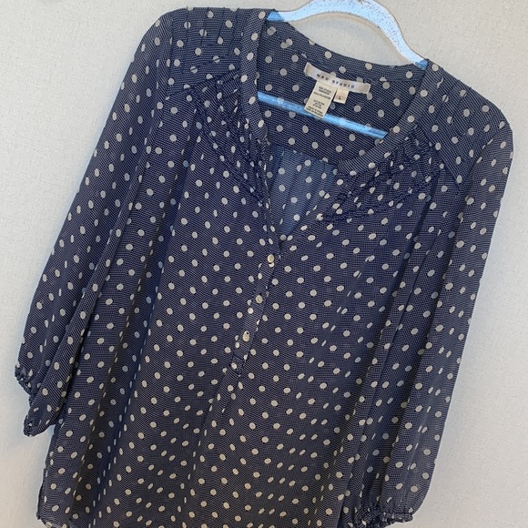 Max Studio Navy/White Polkadot Blouse • Sz L - Picture 2 of 11
